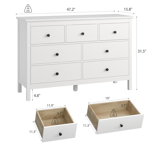 Image of LYNSOM White Dresser for Bedroom with 7 Drawers, 47'' Wide Modern Chest of Drawer with Black Handles, Wood Storage Dresser TV Stand Dressers for Closet, Living Room, Kids Room, Entryway