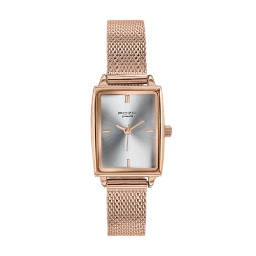 Image of Sonata Poze 8 Quartz Analog Watch and Jewellery Combo for Women with Silver Dial & IP Rose Gold Mesh Strap - SP80174WM01WF