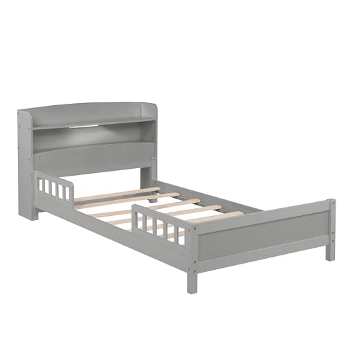 Mirightone Twin Bed Frames for Kids Twin Bed with Rails and Storage Headboard Low Platform Bed with LED Lights Wood Bed Frame for Boys Girls Teens, No Box Spring Needed, Grey