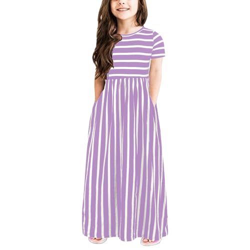 Kids Girls Short Sleeve Stripe Print Loose Casual Long Maxi Dress Casual Holiday Long Dresses with Pockets (Purple, 4-5 Years)2