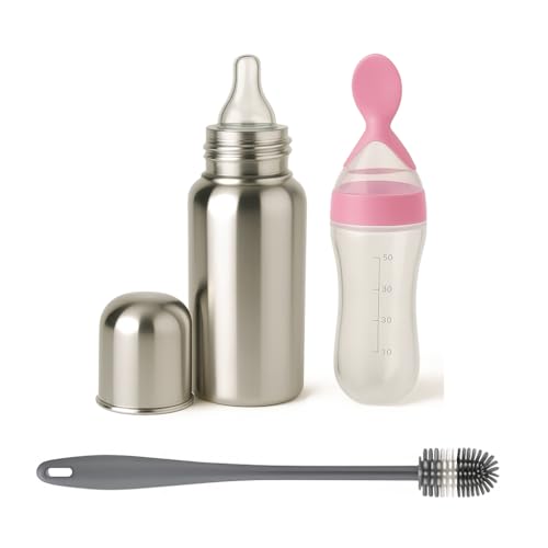 Image of Shark Doo Doo Stainless Steel Bottle for Babies (0-12 Months) - 250ml with Silicone Cleaning Brush (Combo Pack) | BPA Free (SS 3in1 Combo Pink)