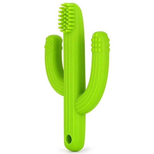 Image of Baby Cactus Teether - Infant Training Toothbrush for Teething & Soothing, Includes Silicone Bead Strap/Leash (Green)