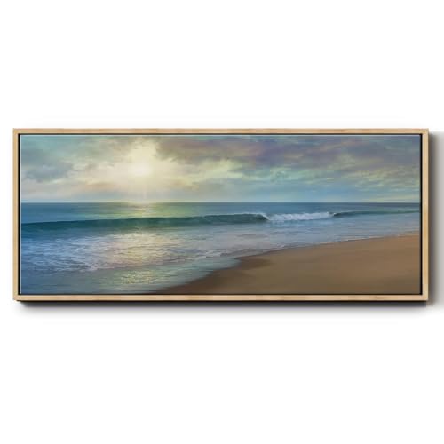 Renditions Gallery Floater Frame Nature Paintings A Long Walk at a Calm Beach Abstract Prints for Hotel School Restaurant Decor - 20"x50" Natural Frame LT619