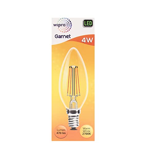 Image of wipro Garnet 4 W E14 Base Candle Filament Bulb | Warm White (2700K) | Pack of 1 | Clear optics for sparkling effect | LED Filament Bulb for Home, office, chandellior, decorative lamp shade