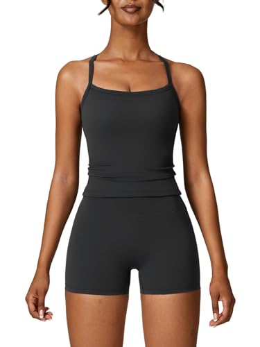 Image of ABOCIW 2 Pieces Workout Sets for Women, Cross Back Tank Top Matching High Waist Biker Shorts, Gym Yoga Pilates Outfits