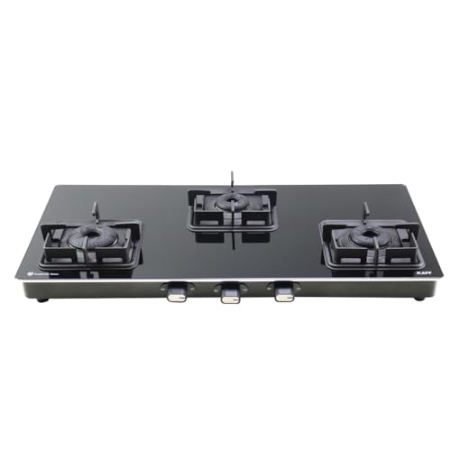 Image of KAFF 77 cm, 3 Brass Burners Built-in Glass Cooktop | Black Toughened Glass with SS Edge Protection | Metal Knobs | | Matt Enameled Pan Support | Modular Kitchen Hob | CTQ773B
