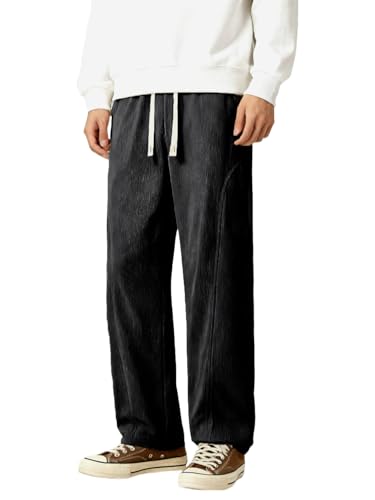 Elegant Seal Men's Corduroy Wide Leg Fashion Casual Pants Loose Fit Baggy Straight Sweatpants Elastic Waist Drawstring Black