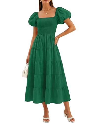 Image of ZESICA Women's 2026 Summer Puff Sleeve Midi Dress 2026 Boho Solid High Waist Flowy Beach Wedding Guest Long Dresses