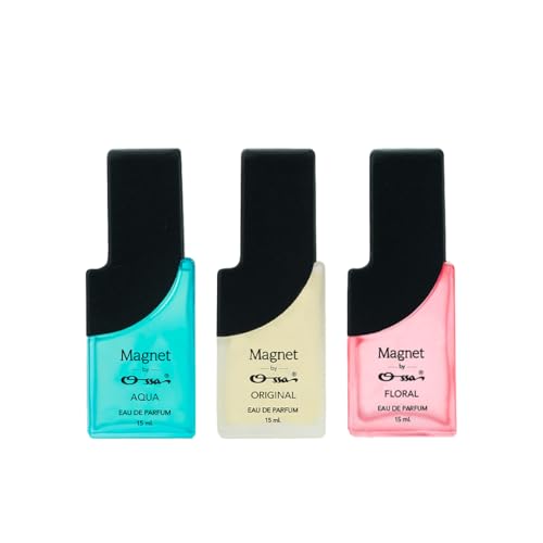 Image of Ossa Magnet Aqua, Original & Floral Eau De Parfum Combo for Men & Women | Long Lasting Perfume Set | Fresh, Woody & Floral Fragrance | Daily Wear Travel Size Perfume | Unisex EDP Gift Set | 3 x 15ML