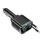 Upgraded Retractable Car Charger Adapter,3-Port & 2-Cable Car Phone Charger with 30W PD Charging Cable & Voltage Display,5 in 1 Type C and USB Cars Chargers Adapter