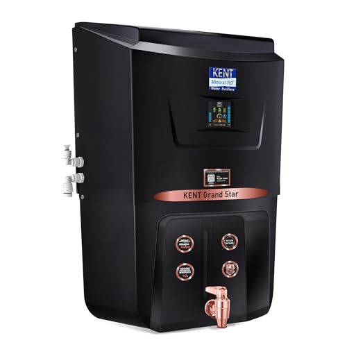KENT Grand Star RO Water Purifier | RO+UV+UF+TDS Control+Alkaline+Copper+UV in Tank |.0001 Micron RO Membrane | Auto Flush Feature | 9L Tank | 20 LPH | Ideal For Borewell/Tanker/Municipal Water |Black