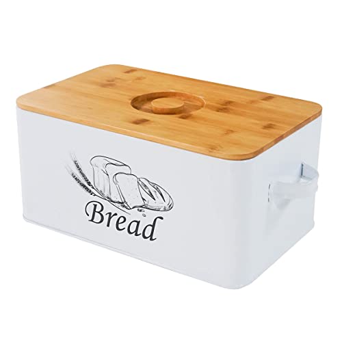 SOTECH Bread Box with Cutting Board and Handle Bread Holder with Bamboo Lid for Kitchen Countertop,Loaf Bread Storage Container Farmhouse Bread Bin white bread box