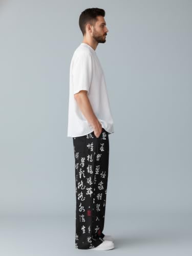Image of Mens Boho Hippie Harem Pants | Black Printed Wide-Leg Trousers | Koren Streetwear Loose Baggy Fit Summer Lounge Yoga Lowers |Trouser Relaxed Fit for Men | Men Drawstring Pants