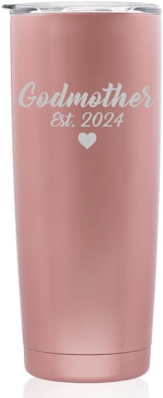 Rose Gold Double Wall Vacuum Insulated Stainless Steel Tumbler Travel Mug Godmother Est 2024 Christening Baptism (20 oz skinny)