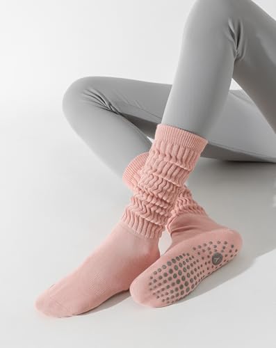 Image of Yawlsow Pilates Socks with Grips for Women Yoga Ruffle Grippy Non Slip Long Slouchy Scrunch Socks for Barre Workout Hospital
