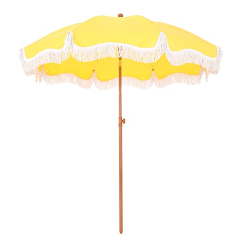 GREEN PARTY 7ft Patio Umbrella with Fringe, Portable Outdoor Beach Umbrella with Sand Anchor, Carry Bag, Push Button Tilt, UPF 50+ UV Protection, Yellow