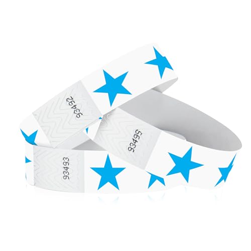 Image of 500 WristCo Blue Stars Tyvek Wristbands for Events - Comfortable Tear Resistant Paper Bracelets ID Wrist Bands for Concerts Festivals Admission Party Identification Tours