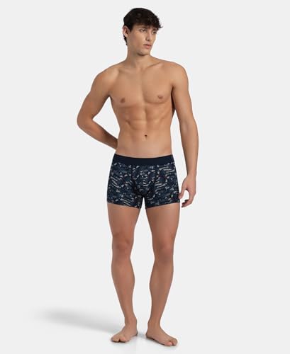 Image of Jockey US63 Men's Super Combed Cotton Elastane Stretch Printed Trunk with Ultrasoft Waistband