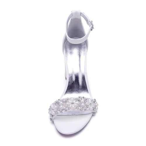 Image of Pearl Wedding Shoes for Bride Block Heel Wedding Sandals Open Toe Bridal Heels