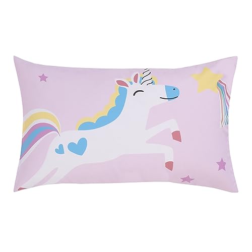 Image of Everything Kids Unicorn Pink, Blue, Yellow, and White Rainbows You're One of a Kind 4 Piece Toddler Bed Set - Comforter, Fitted Bottom Sheet, Flat Top Sheet, and Reversible Pillowcase