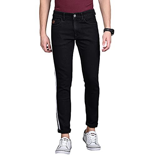 Image of CAHOOT Men' Black Tapered Side Striped Stretchable Cotton Mid Rise Denim Jeans
