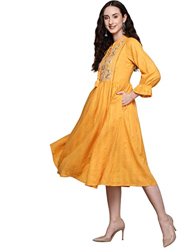 Image of ishin Women's Midi Embroidered A-Line Dress