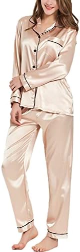 SWOMOG Womens Silk Satin Pajamas Set Long Sleeve Button Down Slee...