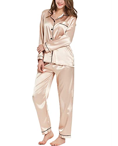 SWOMOG Womens Silk Satin Pajamas Long Sleeve Loungewear Two-piece Sleepwear Button-Down Pj Set Champagne
