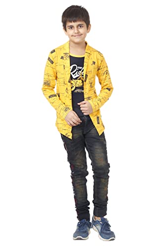 Image of Boys Full Sleeve Cotton Black Printed T-Shirt with Attached Yellow Jacket Shrug Look Smart and Comfortable for Any Casual and Festive Purpose