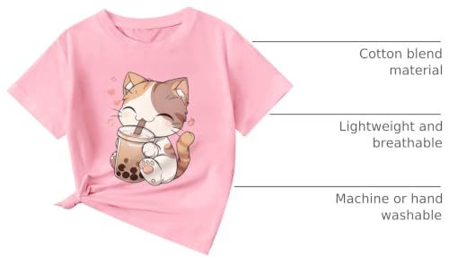 Image of KEEVICI Cute Cat Shirts for Girls Graphic Tees Bubble Tea Tshirt Kids Kawaii Cartoon Animal Print T Shirt Summer Cotton Tops