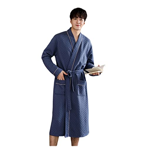 HCZKIUJY Albornoz de algodón para Hombre, camisón de Manga Larga para otoño e Invierno, Fino y Acolchado, para baño, Yukata de algodón Largo,Blue-X-Large