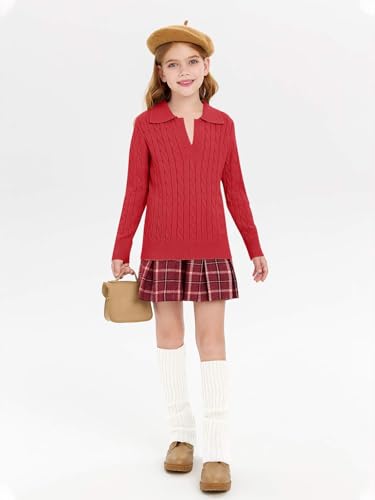 Image of Girls Sweaters Kids Fashion Cable Knit Collared V Neck Pullover Sweater Tops 5-14 Years