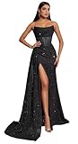 Mermaid Prom Dresses for Women Teens Sparkly Sequin Long Strapless Corset Ruched Formal Evening Gowns with Slit Black US0