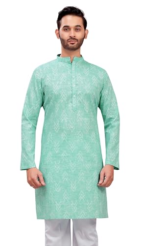 Image of Studio Shringaar Men's Cotton Blend Relaxed Fit Ikat Printed Knee Length Kurta