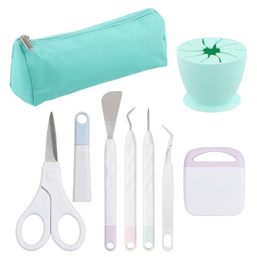 8 Pcs Vinilo Herramientas de Deshierbe, Accesorios de Silueta con Tijera Pinzas Escardadores Raspador Espátula Recogedor de Restos Bolsa de Almacenamiento, Kit de Herramientas Manualidades para Craft