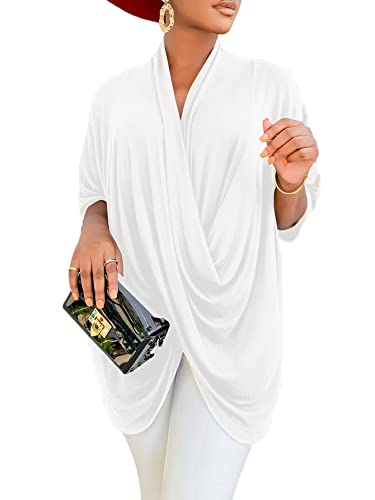 Lyaner Women's Wrap V Neck Ruched Short Sleeve Split Slit Hem Blouse Shirt Tunic Tops White X-Large #TOP3