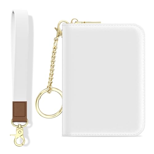 Image of Aiawoxc Credit Card Holder, Small RFID Wallet Slim Leather Card Organizer Case with Zipper and Wristlet Strap, White