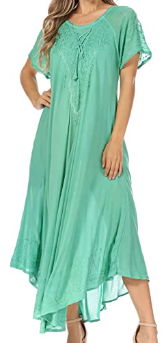 Image of Sakkas Egan Long Embroidered Caftan Dress /Cover Up with Embroidered Cap Sleeves