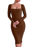 HOCILLE Women's Sexy Long Sleeve Bodycon Square Neck Ruched Cocktail Party Midi Dresses, Large, Coffee