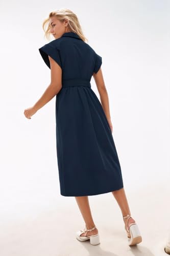 Image of Ladyful Women Casual Button Down Shirt Dress Short Wing Sleeve Buiness Midi Shirt Dress with Belt Elegant Dress