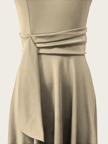 Image of FENJAR Women's Elegance Audrey Hepburn Style Ruched Dress Round Neck Sleeveless Swing Midi A-line Dresses (US, Alpha, X-Large, Regular, Regular, Khaki)