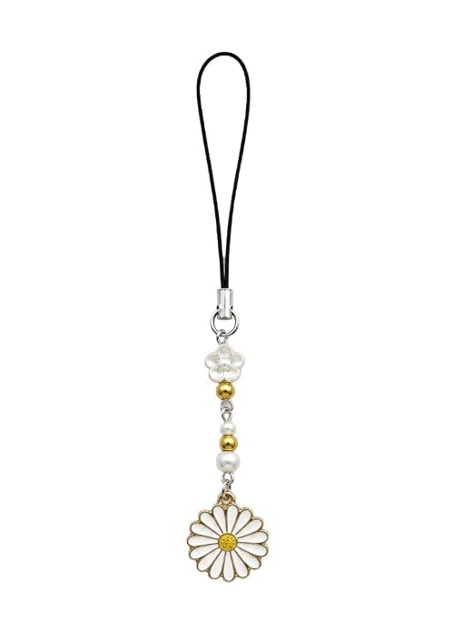 cute daisy flower phone charm with pearl beads & wrist strap | aesthetic mobile hanging accessory for phone case, bag, purse, backpack & keychain, white floral design