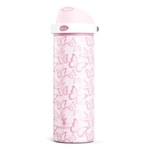 Image of 24 oz Insulated Water Bottle with Straw: Meoky Stainless Steel Metal Water Bottle with 2-in-1 Lid - Leak Proof, Cold for 24 Hours, Protective Silicone Base, BPA-Free for Sports Travel Car, Butterfly