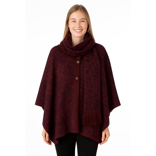NOVICA Artisan Crafted Reversible Alpaca Blend Ruana | Burgundy Patterned | Acrylic Wool Scarf | Wine Purple | Coconut Shell Buttons | Draped Cloak |'Peruvian Wildflower in Red' - Main Image