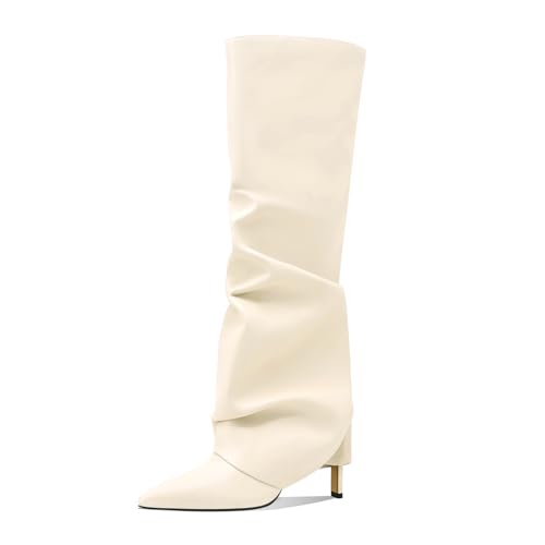 Image of Women's Knee High Boots Fold Over High Heel Pointed Toe Black White Long Boots Women Dress Tall Boots for Women