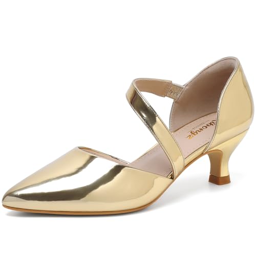 Image of RIBONGZ Kitten Heels for Women Closed Toe Comfortable Low Heels Pointed Toe Sexy Slip on Pumps Bridal Party Dressy Shoes