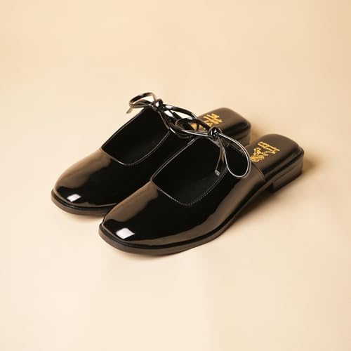 Image of Theater Women Fling Patent Bow Slip-On Flats | Square-Toe Pull-On Ballerinas with Elegant Bow Detail | Stylish, Comfortable & Easy-Wear Footwear for Work, Outings & Special Occasions