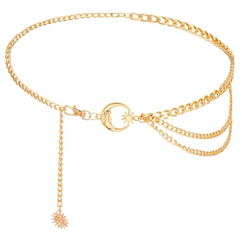 Multilayer Metal Waist Chain Belt for Women, Sun Moon Belly Belt Body Chain Jewelry Accessories for Dress Jeans