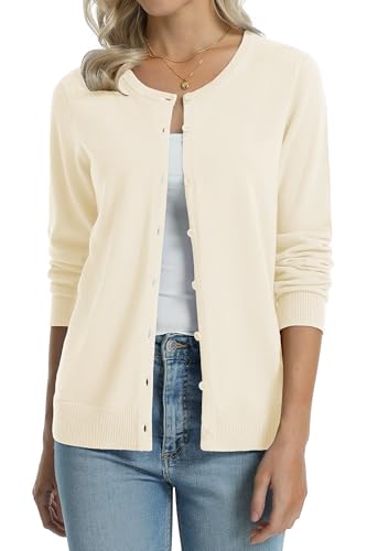 QUALFORT Women's Crewneck Cardigan Sweaters 100% Cotton Long Sleeve Casual Button Down Knit Outerwear Cream Medium