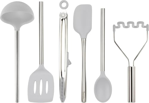Image of Tovolo Silicone Cooking Utensil Set of 6 Stainless Steel Handle Ladle Slotted Turner Tongs Flex Core Spatula Scraper Mixing Spoon & Potato Masher, Dishwasher Safe BPA Free Utensils, Oyster Gray